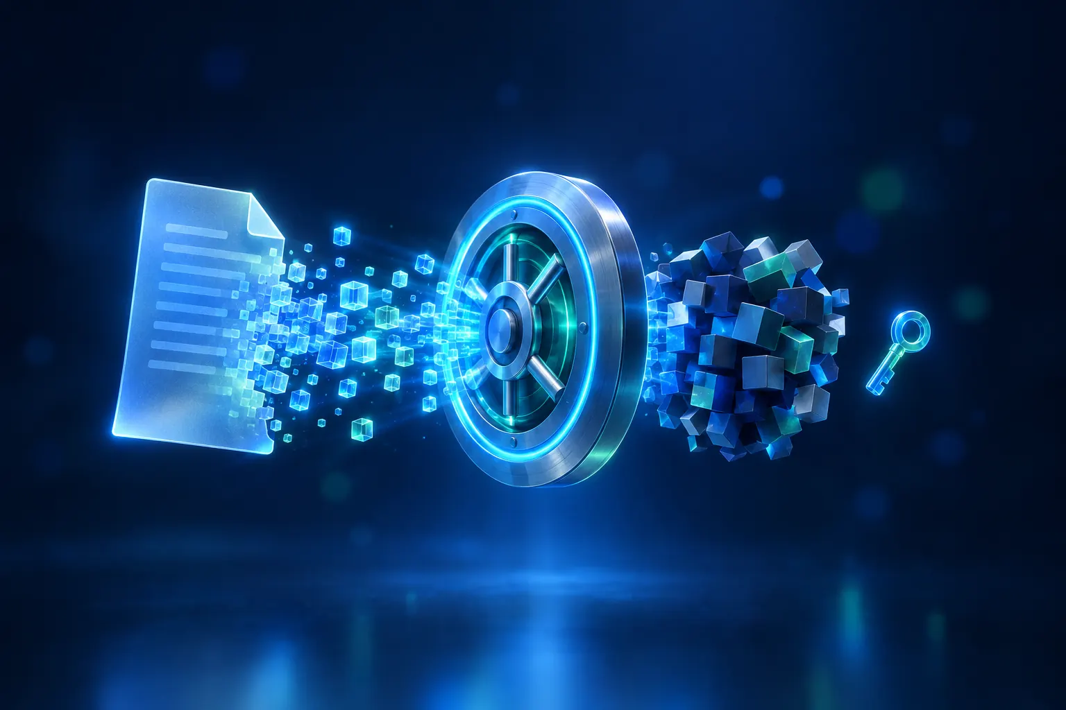 Illustration: a document breaks into blocks that pass through a vault lock and come out scrambled, while the key stays separate.