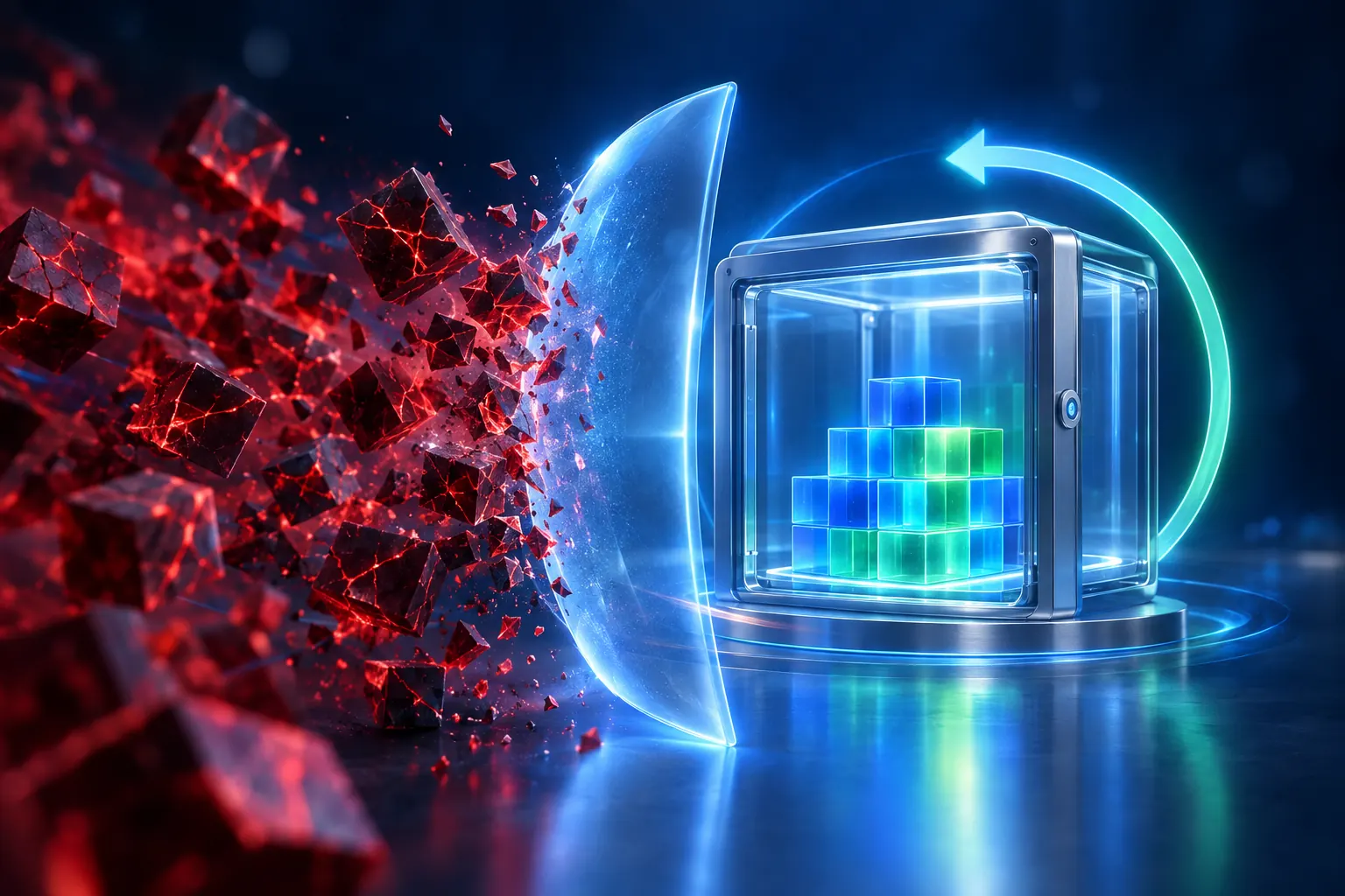 Illustration: a glass shield holds back corrupted red blocks while clean copies stay safe in a vault.
